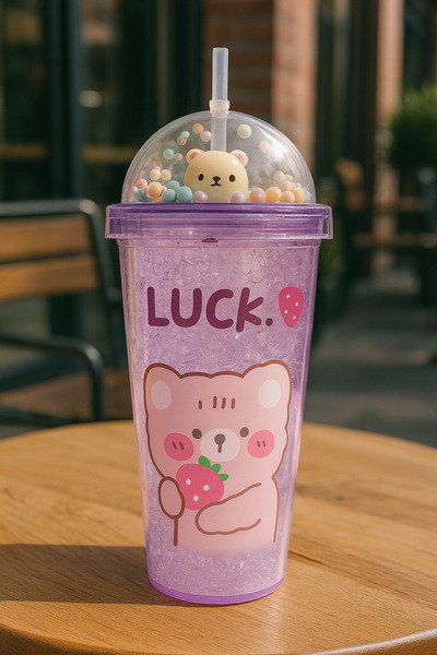 CHANCE GİFT Cute Teddy Bear Themed Double Layer Mica Party Supplies Water Bottle with Straw Soft Drink Bottle 450 ml