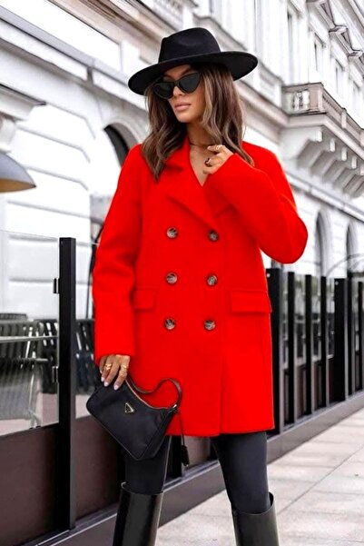 FashionForYou Adriana buttoned overcoat, oversized cut and short lapels, Red