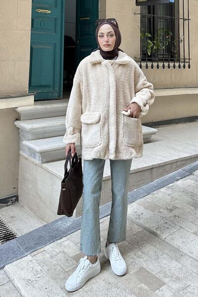 lamelif Μπουφάν Teddy με λεπτομέρεια στο μανίκι και φερμουάρ, μπεζ