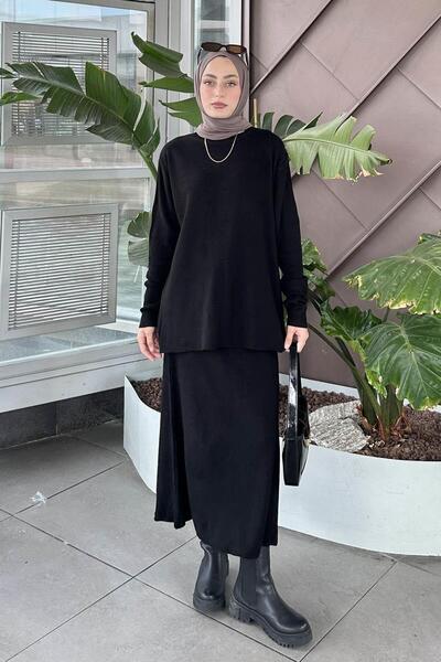 lamelif Чорний трикотажний комплект з підкладкою - зі спідницею