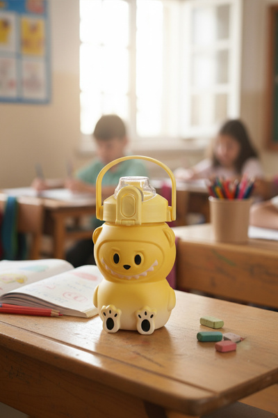 Mefa Mutfak Labubu Lockable Lid Straw Flask – Portable Water Bottle with Handle – Bpa Free - 1000 Ml/Yellow