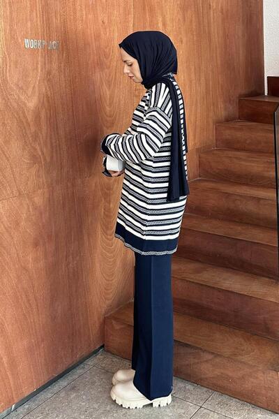 lamelif Striped Side Button Detailed Knitwear Set Navy Blue