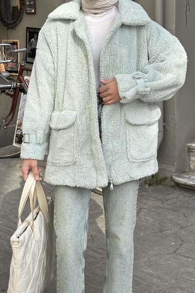 lamelif Zippered Teddy Coat with Sleeve Detail Mint Green