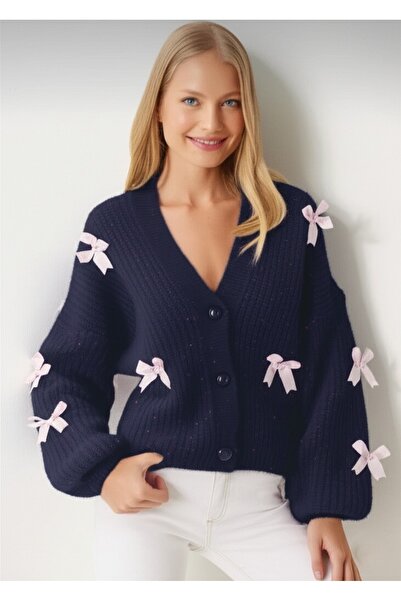 FLEX FASHION Kadın Oversize Fiyonk Detaylı kurdaleli yumoş Triko Hırka LACİVERT