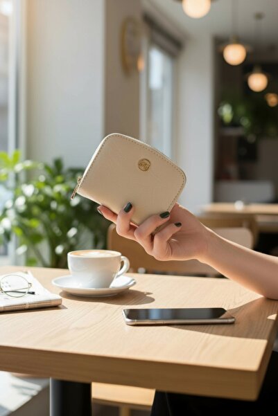 Classbag Kadın Krem Kare Fermuarlı İki Taraflı Kartlıklı Cüzdan