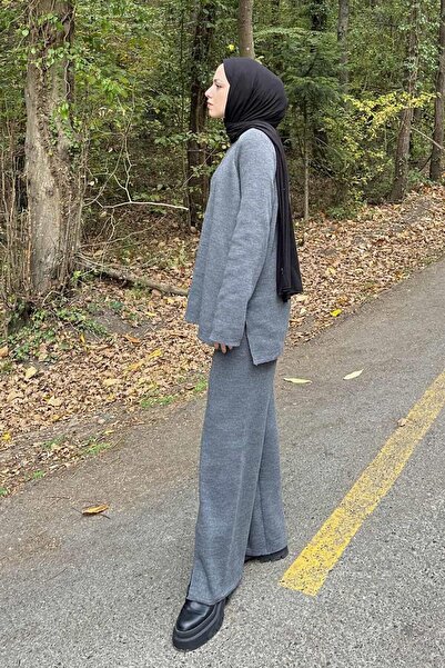 lamelif Basic Trousers with Front Slit Knitwear Hijab Set Gray