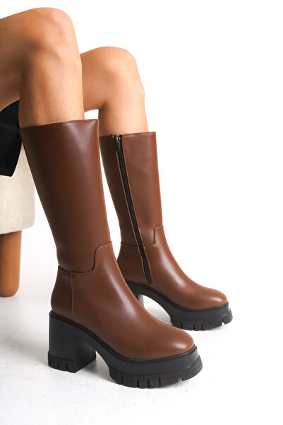 Riccon Lvamel Γυναικείες μπότες με τακούνι κάτω από το γόνατο 0012501 Καφέ δέρμα