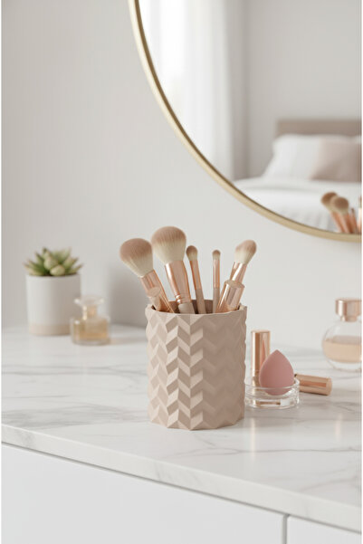Kafs Store Geometrik Bej Kalemlik & Makyaj Fırçalık | 8x10 cm Modern Organizer