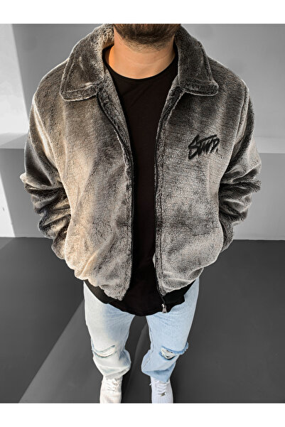 NO1 KONSEPT Γκρι γούνινο μπουφάν με γράμματα στην πλάτη