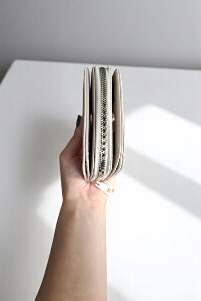 Classbag Kadın Krem Kare Fermuarlı İki Taraflı Kartlıklı Cüzdan