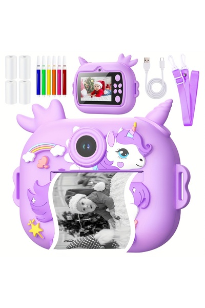 VALA Aparat foto copii cu printare, VALA® 4K UNICORN, Camera duala fata-spate cu Autofocus, Violet