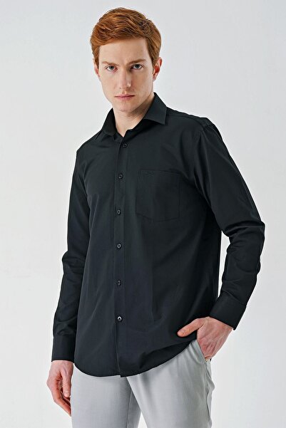 İmza Μαύρο μακρυμάνικο μοτίβο Dobby με σκληρό γιακά βαμβακερό κλασικό άνετο π...