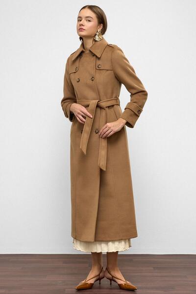 Olcay Double Breasted Long Length Coat with Cape Detail K. Kamel 3087