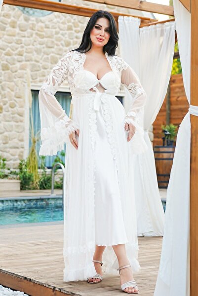 Lama Lingerie 2-Piece Satin Feather Lace Bridal Robe