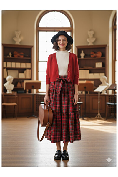 Namaste Vintage Kırmızı renk ekose desenli kuşaklı uzun vintage etek