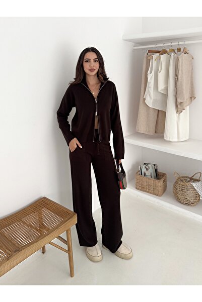 MAXXANA Stand Collar Ribbed Cardigan and Pants Two-Piece Knitwear Set