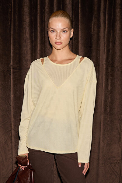 GRIMELANGE ZARREUS Kadın Omuz Dekolteli Esnek Kumaşlı Rahat Kalıp Sarı Bluz