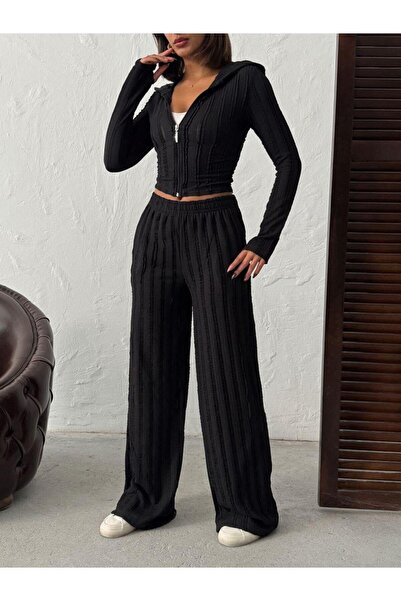 Jeevee Parmak Geçmeli Kapüşonlu Crop Hırka & Geniş Paça Pantolon Dokulu Takım