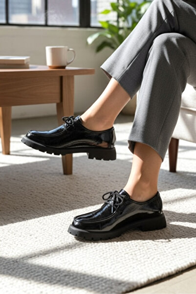 TUNAELLİ KADIN SİYAH RUGAN HAKİKİ DOĞAL DERİ 36-41 NUMARA BAĞCIKLI OXFORD AYA...