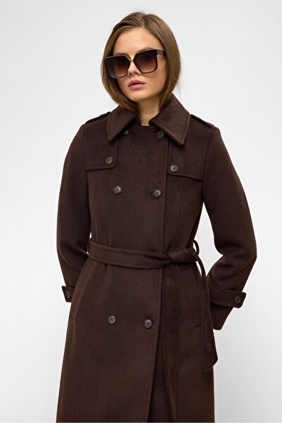 Olcay Double-Breasted Long Length Coat with Cape Detail Brown 3087