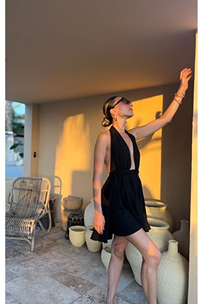 Tfifty V Yakalı,sırt Dekolteli,siyah Keten Mini Elbise