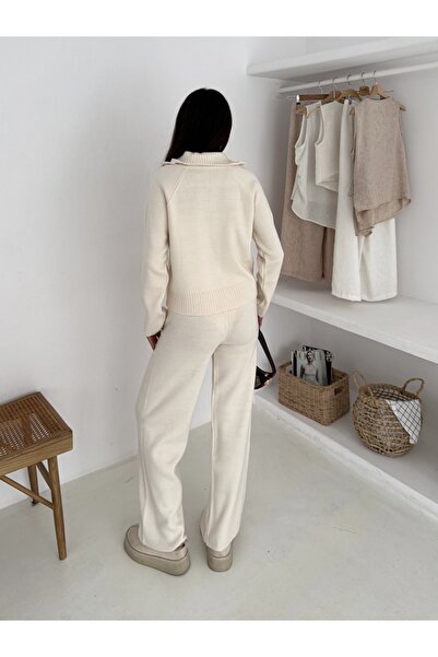 MAXXANA Stand Collar Ribbed Cardigan and Pants Two-Piece Knitwear Set