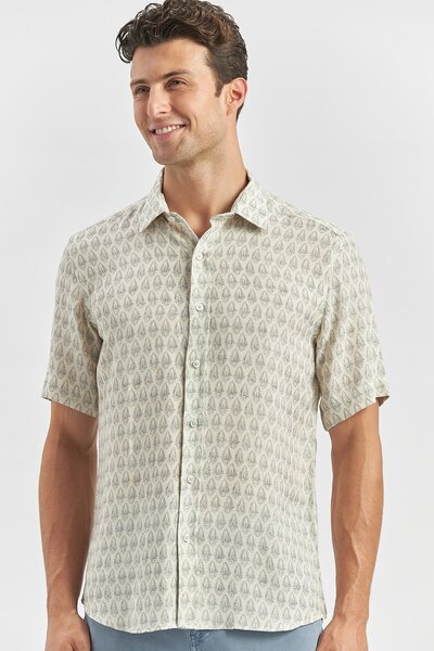 İmza Σκούρο ναυτικό λινό πουκάμισο - κοντό μανίκι, εμπριμέ γιακά με κουμπιά, ...