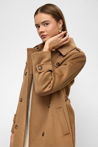 Olcay Double Breasted Long Length Coat with Cape Detail K. Kamel 3087