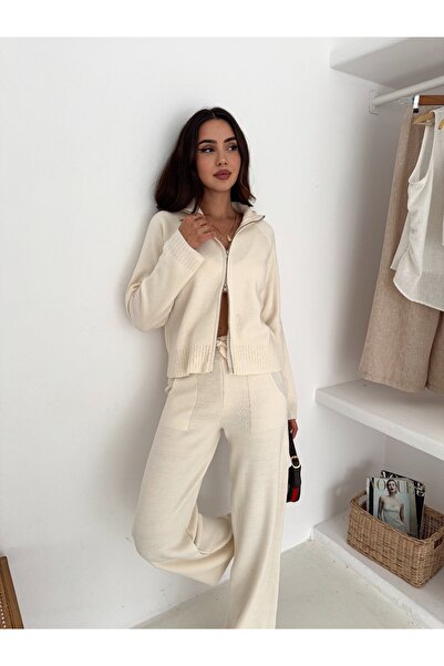 MAXXANA Stand Collar Ribbed Cardigan and Pants Two-Piece Knitwear Set