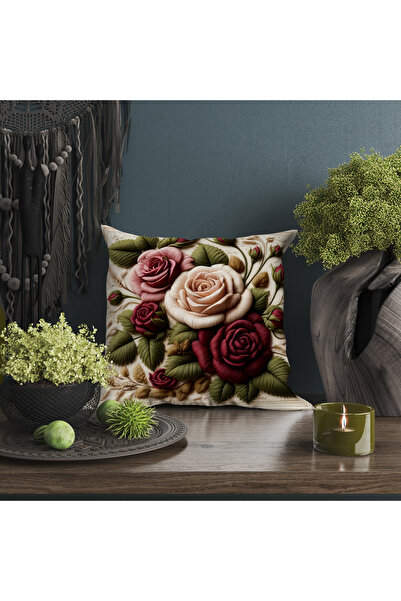 Ahsen Dekoratif Embroidery Patterned Flower Themed Digital Print Luxury Velvet 4-Piece Throw Pillow Cover Set...