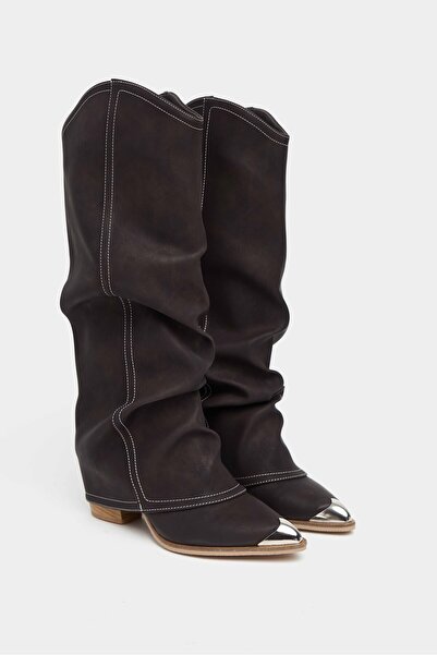 NİŞANTAŞI SHOES Velva καφέ ματ δερμάτινο δάχτυλο με λεπτομέρεια φυσούνα Γυναικείες μπότες Western με τακούνι