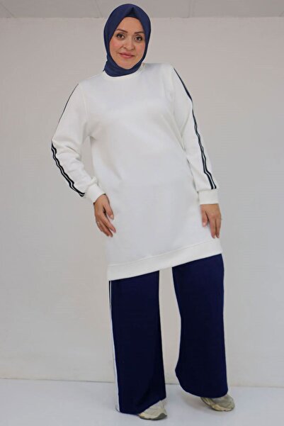 Eslina 57059 Plus Size Bottom-Top Color Combination Modal Pants Suit - Navy Blue