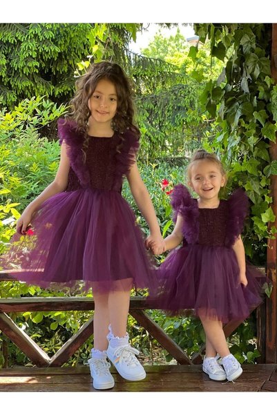 ABİYEKİDS Children's Glittered Tulle Evening Dress - Plum ABY4520