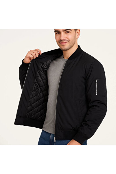 LUMİART Men's Lined Zippered Bomber Coat Jacket - Black