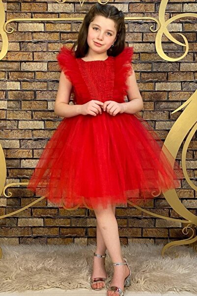 ABİYEKİDS Κόκκινο τούλι με λάμψη παιδικό βραδινό φόρεμα ABY4520