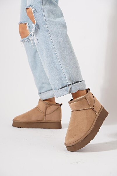 Moda Pie Poofy Kalın Taban İçi Kürklü Kadın Bot Vizon Süet