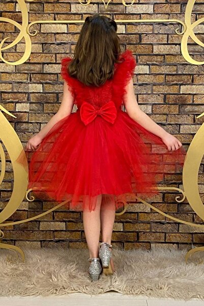 ABİYEKİDS Κόκκινο τούλι με λάμψη παιδικό βραδινό φόρεμα ABY4520