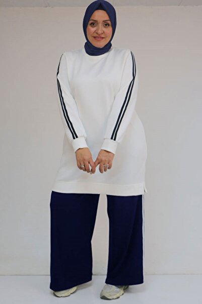 Eslina 57059 Plus Size Bottom-Top Color Combination Modal Pants Suit - Navy Blue