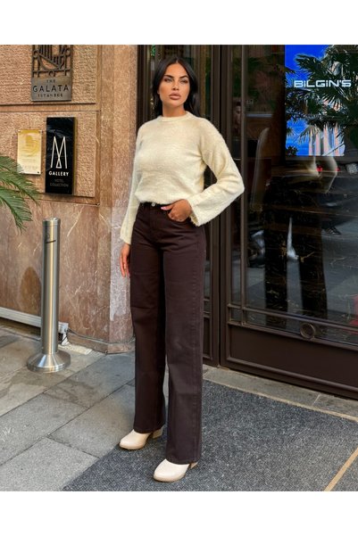 deqfashion Women's Acıkahve High Waist Wide Leg Palazzo Jean Pants