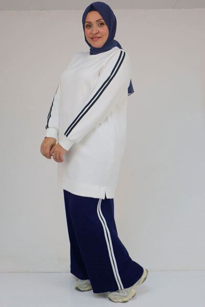 Eslina 57059 Plus Size Bottom-Top Color Combination Modal Pants Suit - Navy Blue