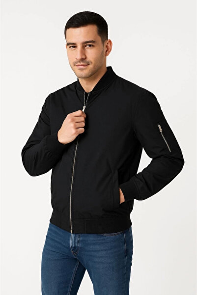 LUMİART Men's Lined Zippered Bomber Coat Jacket - Black