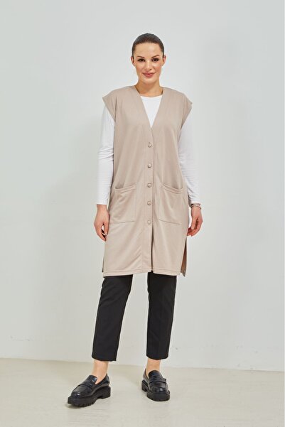 Elçelya Moda Women's Cream Long Pocket Buttoned Combed Cotton Mother Large Size Tunic Vest