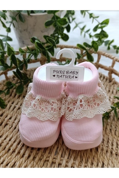PURE BABY NATURA 0-6 Months Lace Ribbed Stretchy Pink Booties