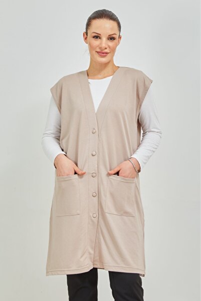 Elçelya Moda Women's Cream Long Pocket Buttoned Combed Cotton Mother Large Size Tunic Vest