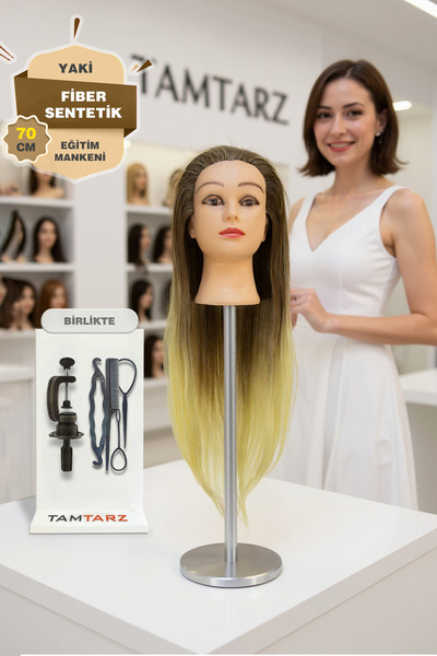 İnter Brown Platinum Fiber Synthetic Hairdresser Training Mannequin - 65 cm Working Head