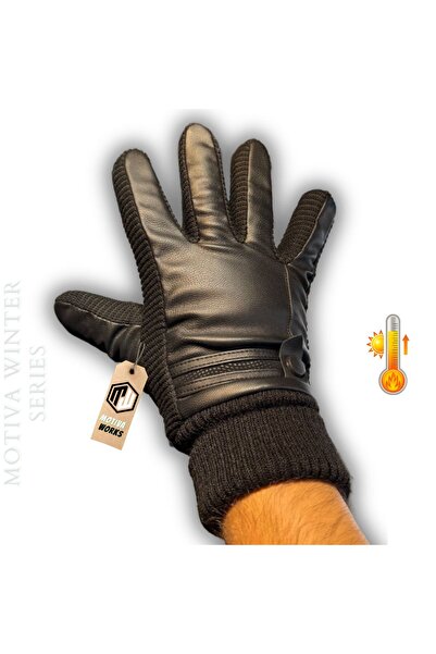 Motiva Soğuk Hava Kışlık Deri Ve Örme Kenarlı Eldiven Içi Tüylü Rahat Ve Yumuşak
