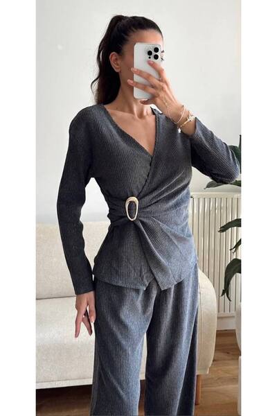 ARK MAĞAZALARI Long Sleeve Double Breasted Suit with Belt (Smoked)