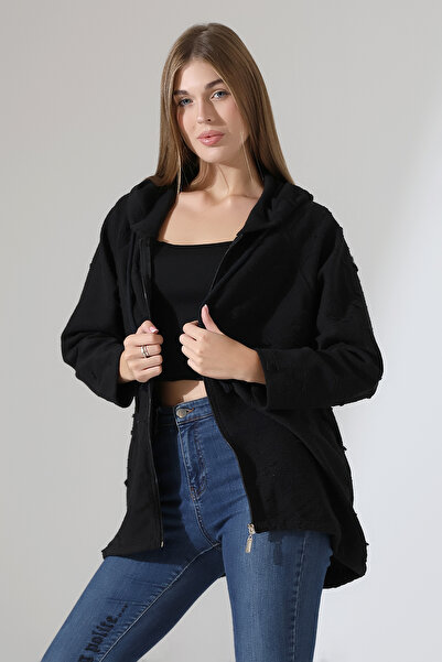 Esberin Kadın Devore Baskılı Kapüşonlu Fermuarlı Owersize Sweatshirt Hırka