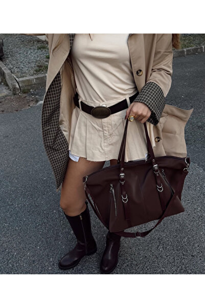 Elanore Kolon Askılı Büyük Boy Saten Kumaş Salaş Kadın Omuz Çantası Acı Kahve