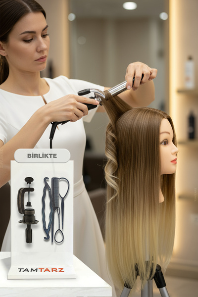 İnter Brown Platinum Fiber Synthetic Hairdresser Training Mannequin - 65 cm Working Head